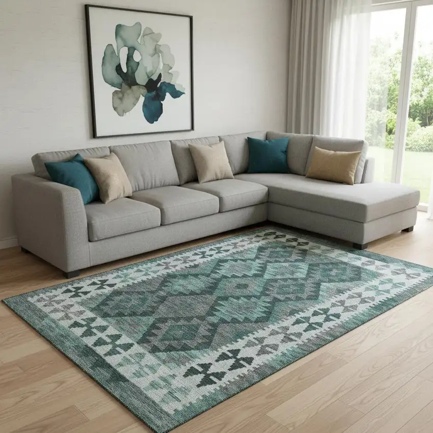 Pale Aqua And Ivory Tribal Washable Area Rug With UV Protection Photo 2