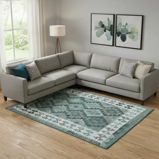 Pale Aqua And Ivory Tribal Washable Area Rug With UV Protection Photo 2