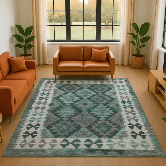 Pale Aqua And Ivory Tribal Washable Area Rug With UV Protection Photo 5