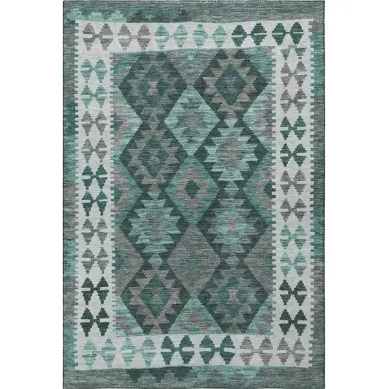 Pale Aqua And Ivory Tribal Washable Area Rug With UV Protection Photo 4