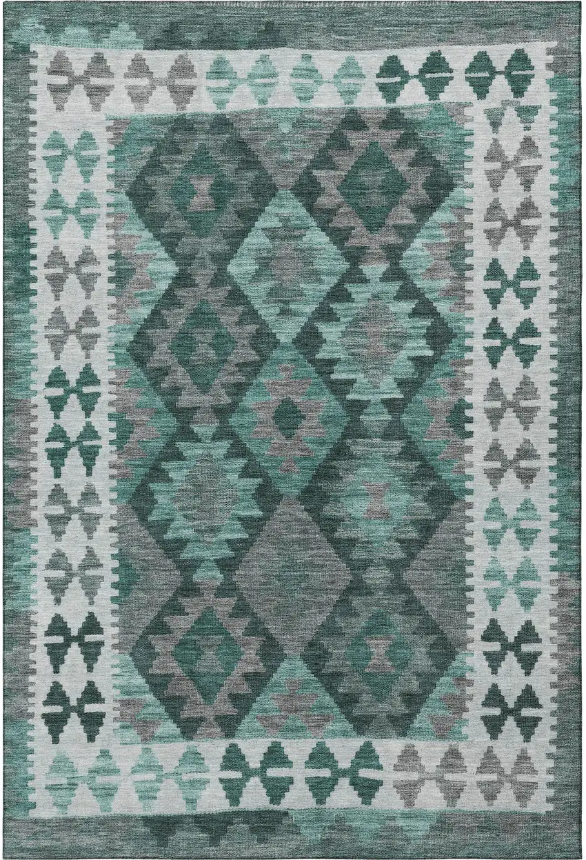 Pale Aqua And Ivory Tribal Washable Area Rug With UV Protection Photo 4