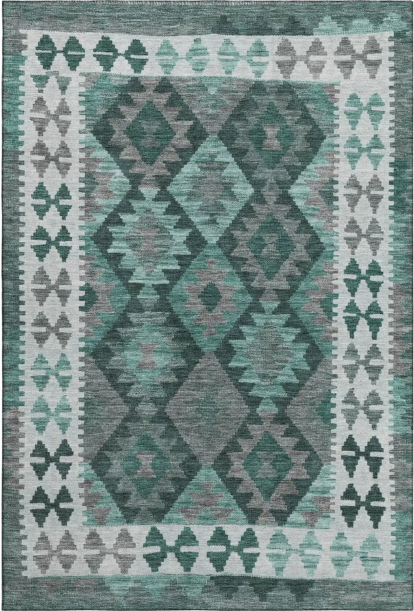 Pale Aqua And Ivory Tribal Washable Area Rug With UV Protection Photo 1