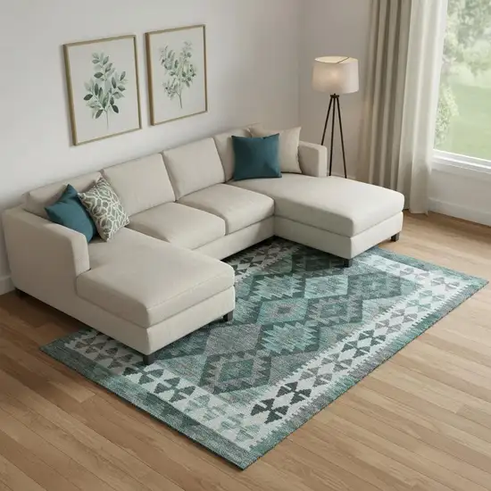 Pale Aqua And Ivory Tribal Washable Area Rug With UV Protection Photo 2