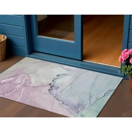 Pale Aqua And Lavender Abstract Washable Indoor Outdoor Area Rug Photo 2
