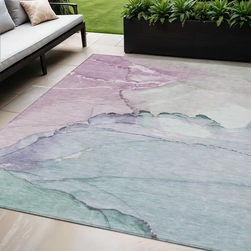Pale Aqua And Lavender Abstract Washable Indoor Outdoor Area Rug Photo 2