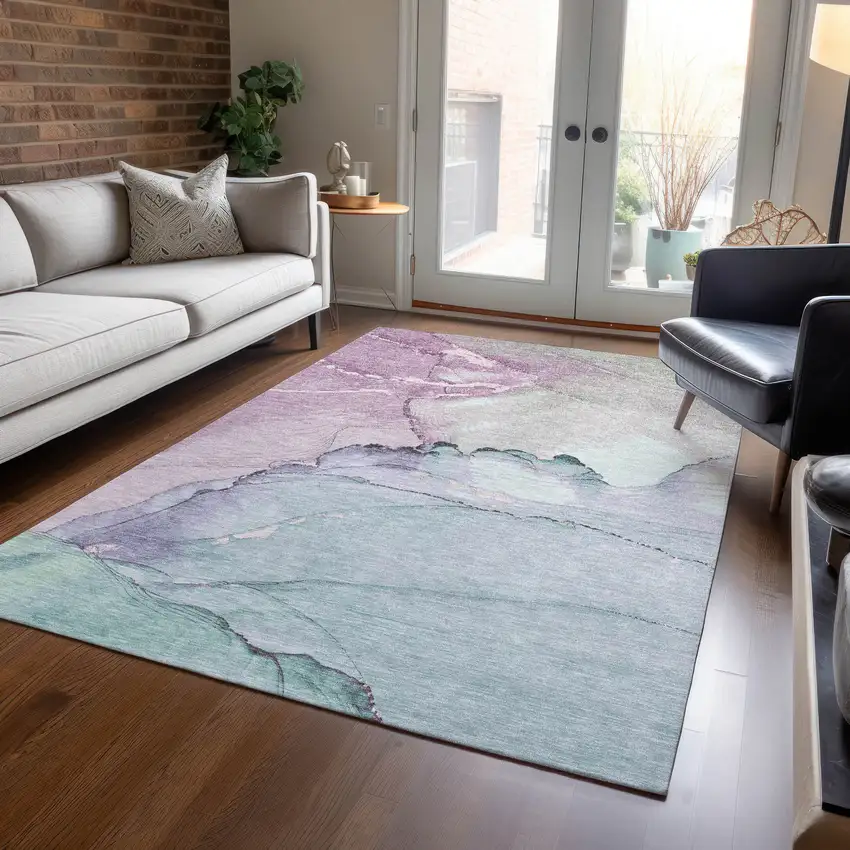Pale Aqua And Lavender Abstract Washable Indoor Outdoor Area Rug Photo 6
