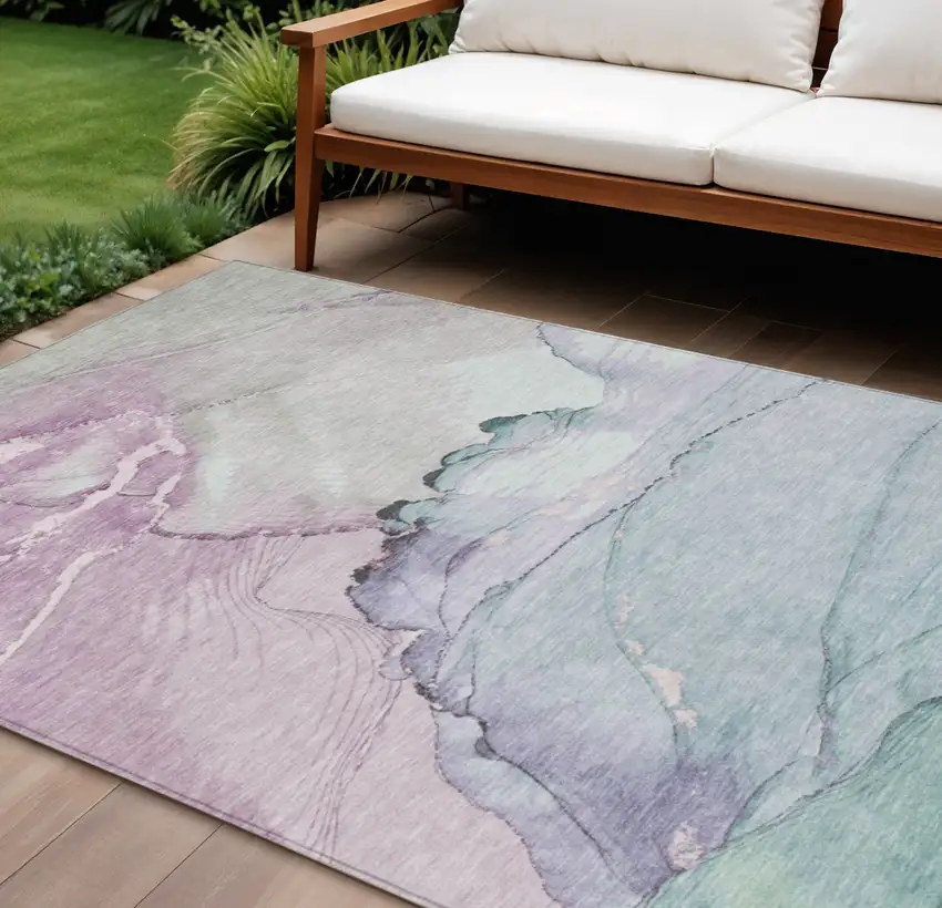 Pale Aqua And Lavender Abstract Washable Indoor Outdoor Area Rug Photo 2