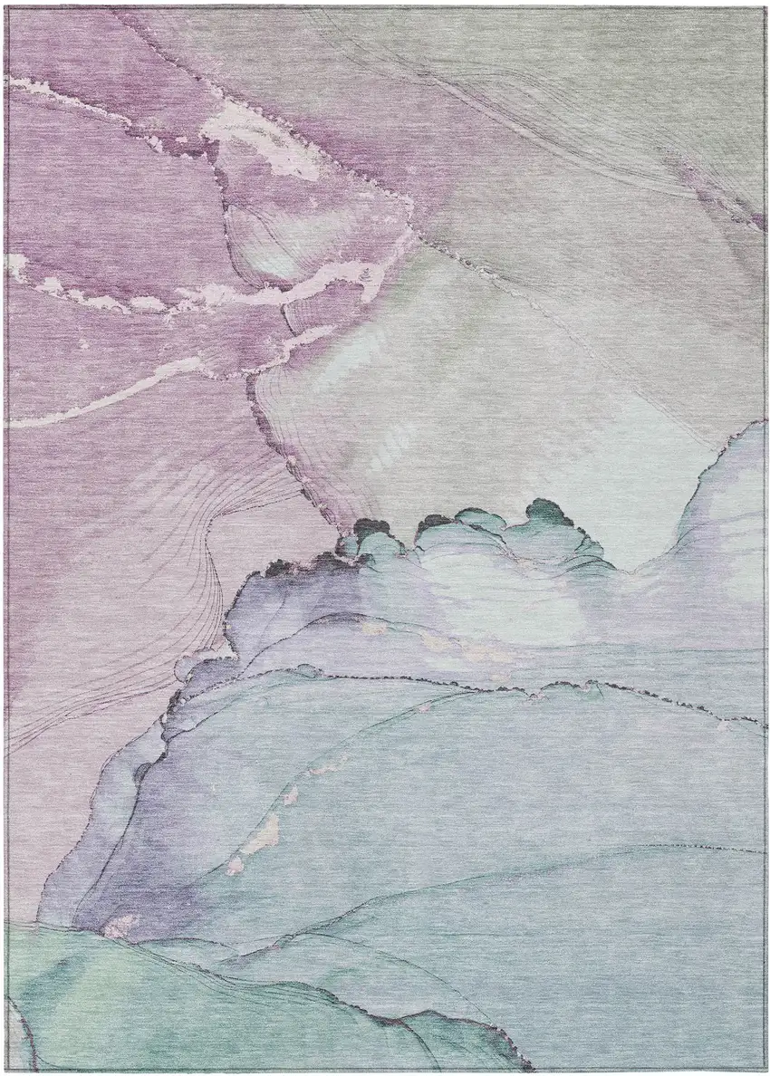 Pale Aqua And Lavender Abstract Washable Indoor Outdoor Area Rug Photo 9
