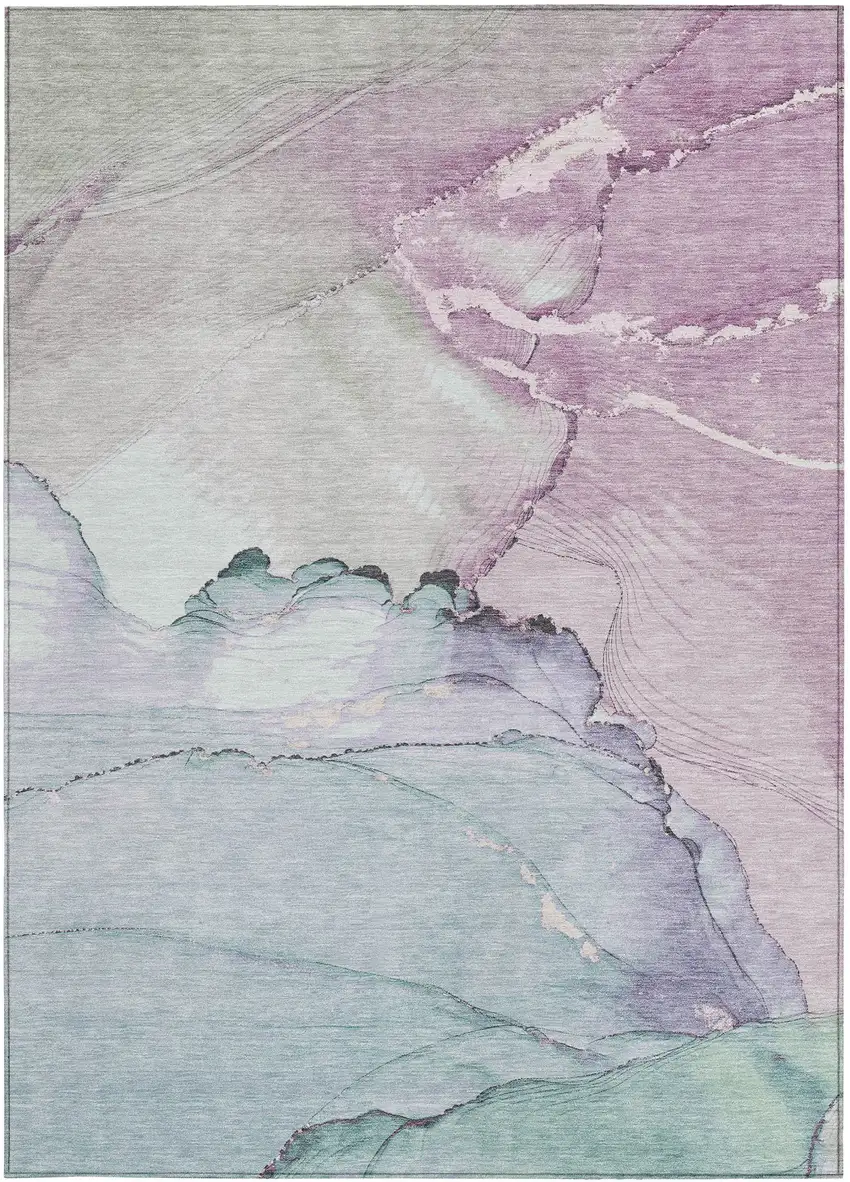 Pale Aqua And Lavender Abstract Washable Indoor Outdoor Area Rug Photo 7