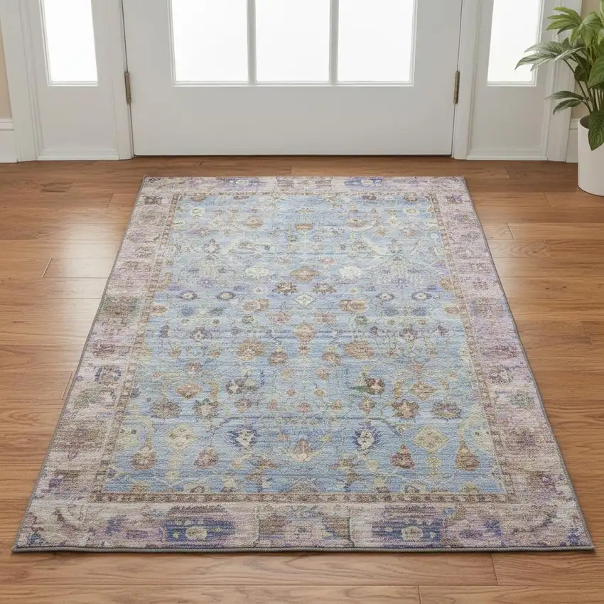 Pale Aqua And Lavender Oriental Washable Area Rug With UV Protection Photo 2