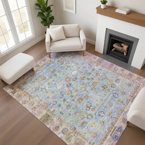 Pale Aqua And Lavender Oriental Washable Area Rug With UV Protection Photo 4