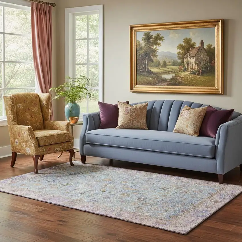 Pale Aqua And Lavender Oriental Washable Area Rug With UV Protection Photo 2