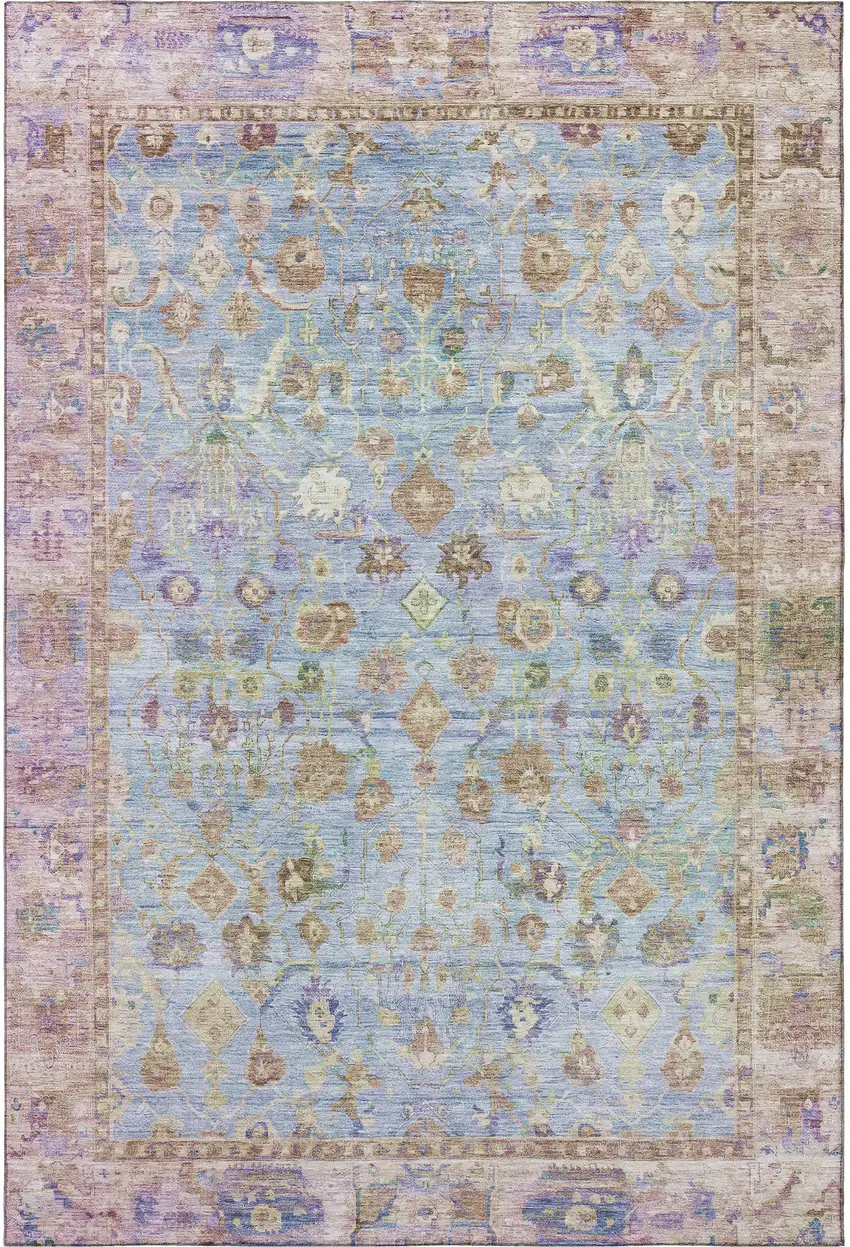 Pale Aqua And Lavender Oriental Washable Area Rug With UV Protection Photo 3