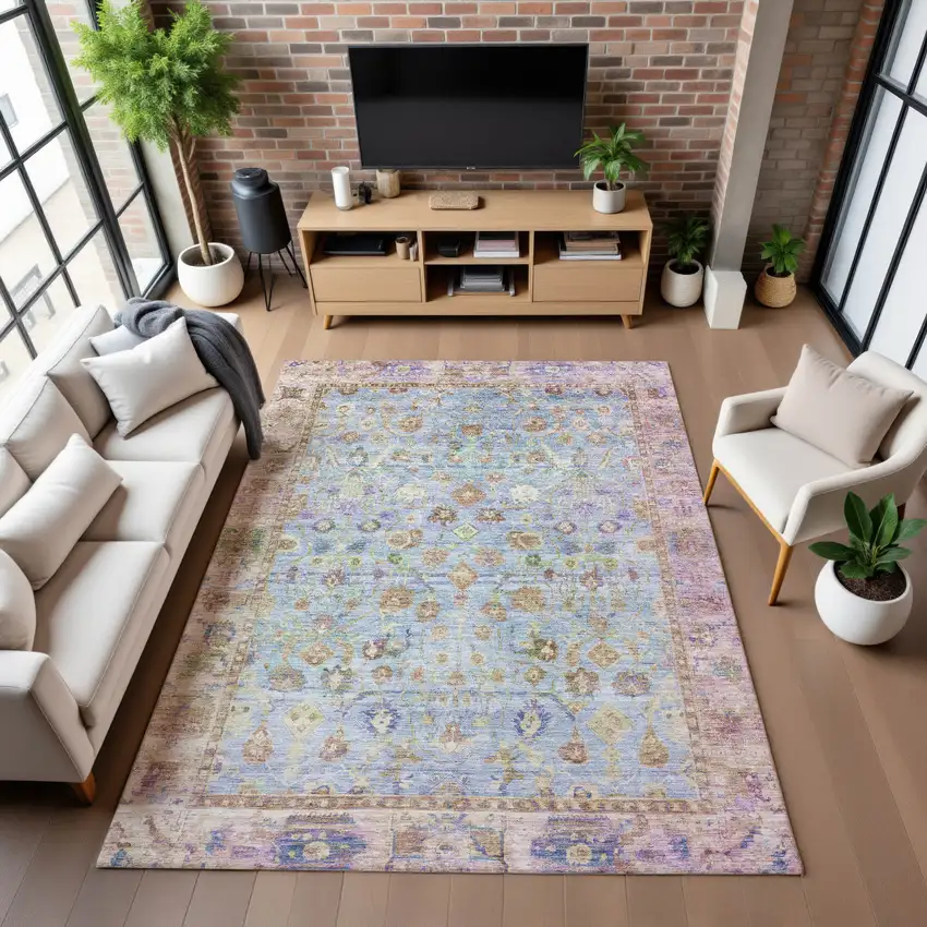 Pale Aqua And Lavender Oriental Washable Area Rug With UV Protection Photo 5
