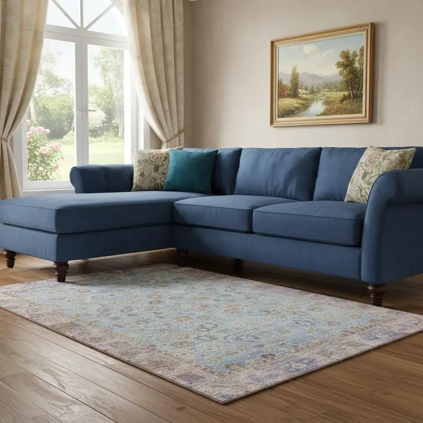 Pale Aqua And Lavender Oriental Washable Area Rug With UV Protection Photo 2