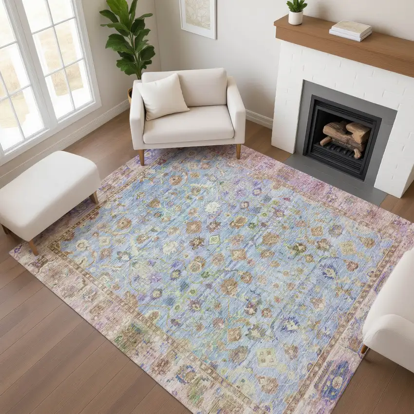 Pale Aqua And Lavender Oriental Washable Area Rug With UV Protection Photo 4