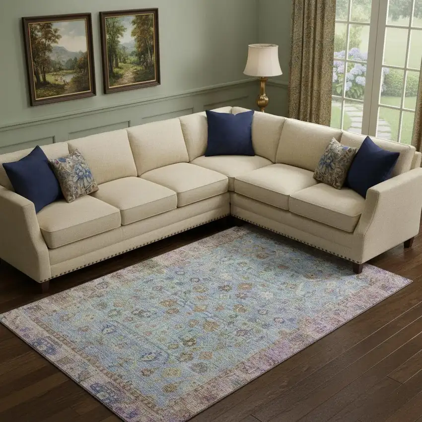 Pale Aqua And Lavender Oriental Washable Area Rug With UV Protection Photo 2