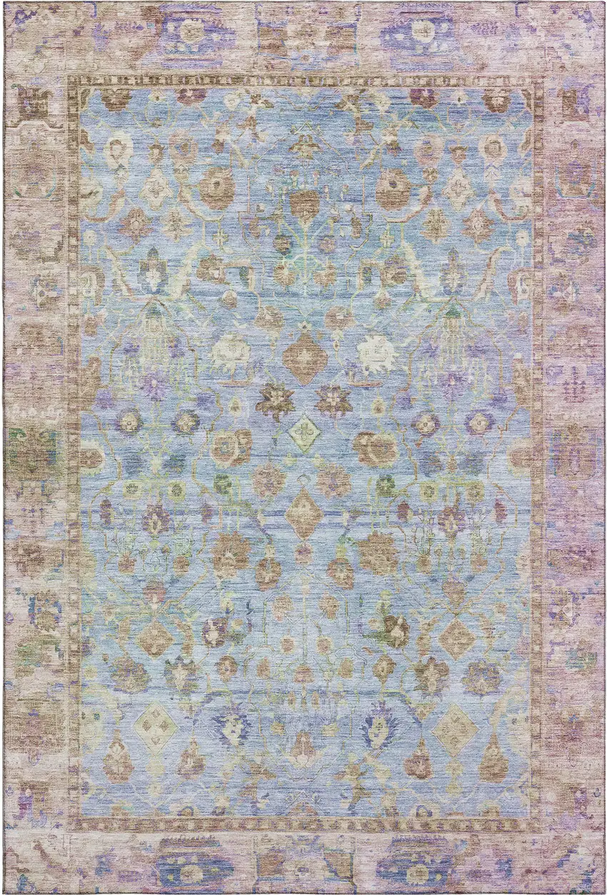 Pale Aqua And Lavender Oriental Washable Area Rug With UV Protection Photo 1