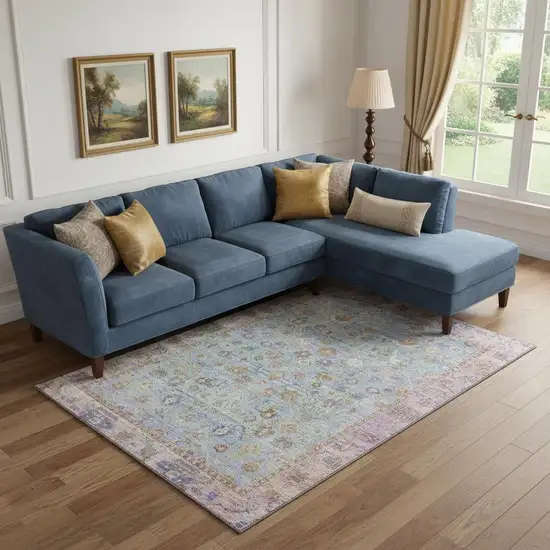 Pale Aqua And Lavender Oriental Washable Area Rug With UV Protection Photo 2