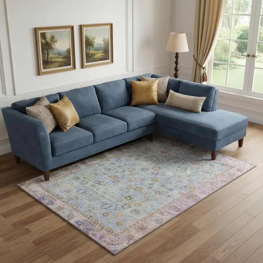 Pale Aqua And Lavender Oriental Washable Area Rug With UV Protection Photo 2