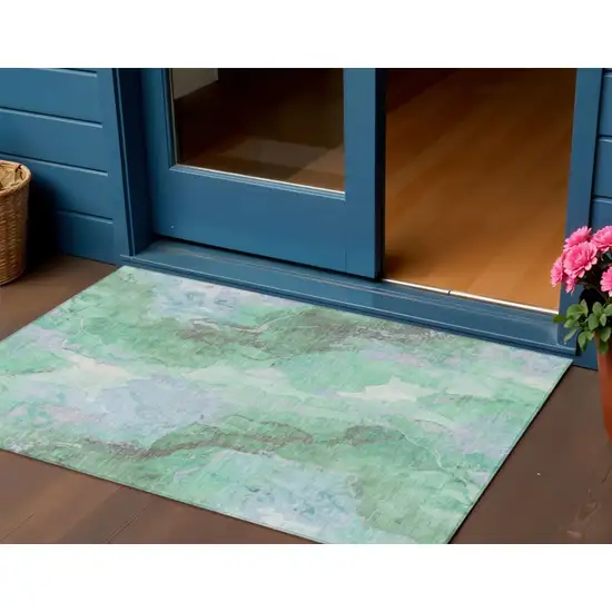 Pale Aqua And Mint Green Abstract Washable Indoor Outdoor Area Rug Photo 2