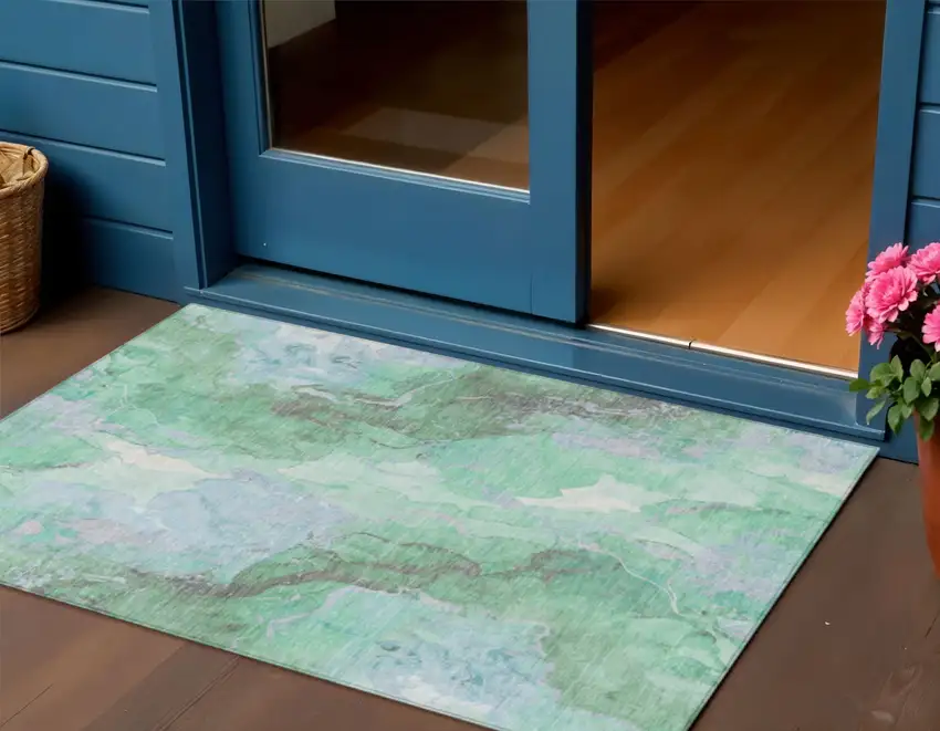 Pale Aqua And Mint Green Abstract Washable Indoor Outdoor Area Rug Photo 2