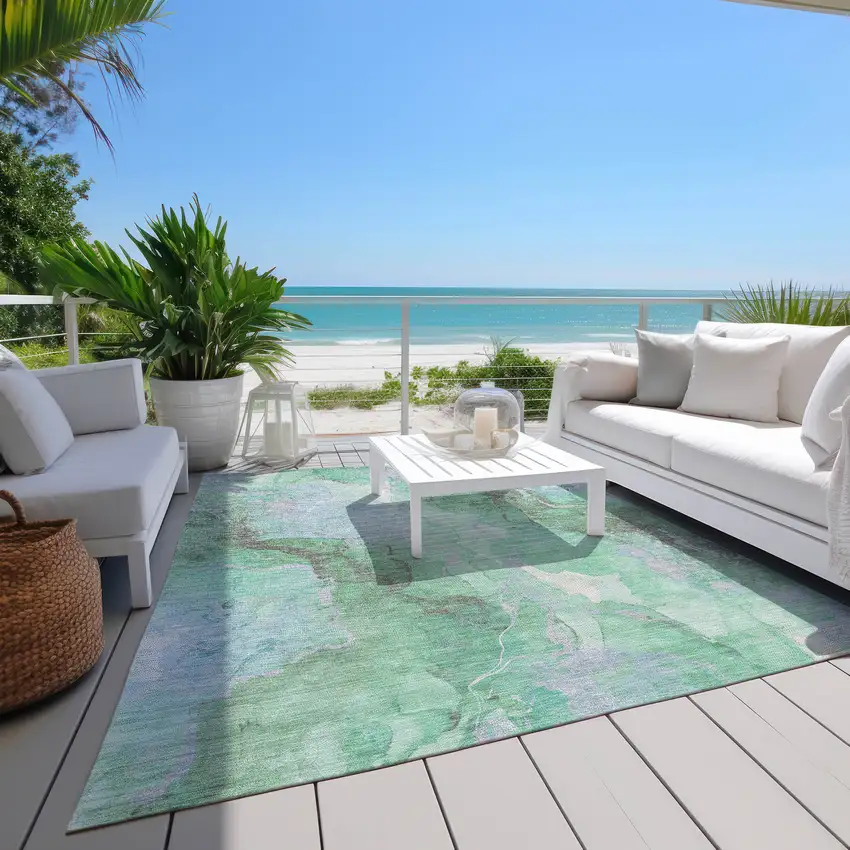 Pale Aqua And Mint Green Abstract Washable Indoor Outdoor Area Rug Photo 8