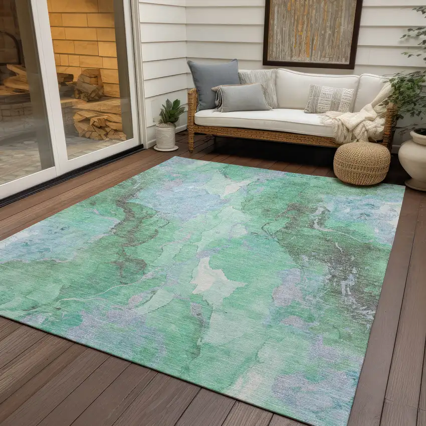 Pale Aqua And Mint Green Abstract Washable Indoor Outdoor Area Rug Photo 5