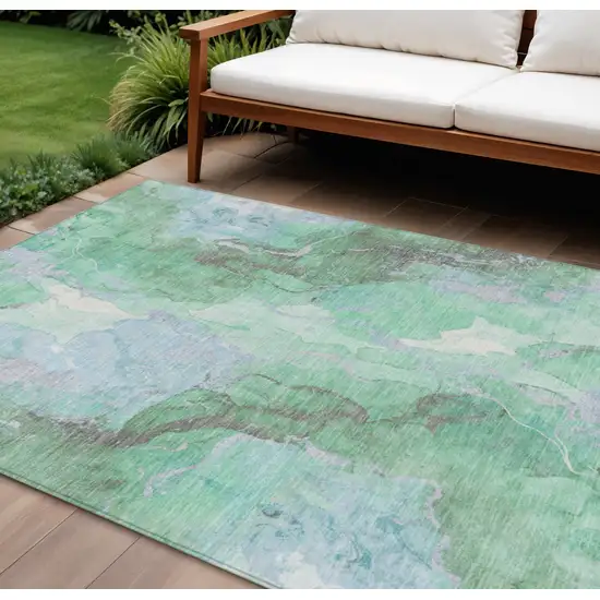 Pale Aqua And Mint Green Abstract Washable Indoor Outdoor Area Rug Photo 2