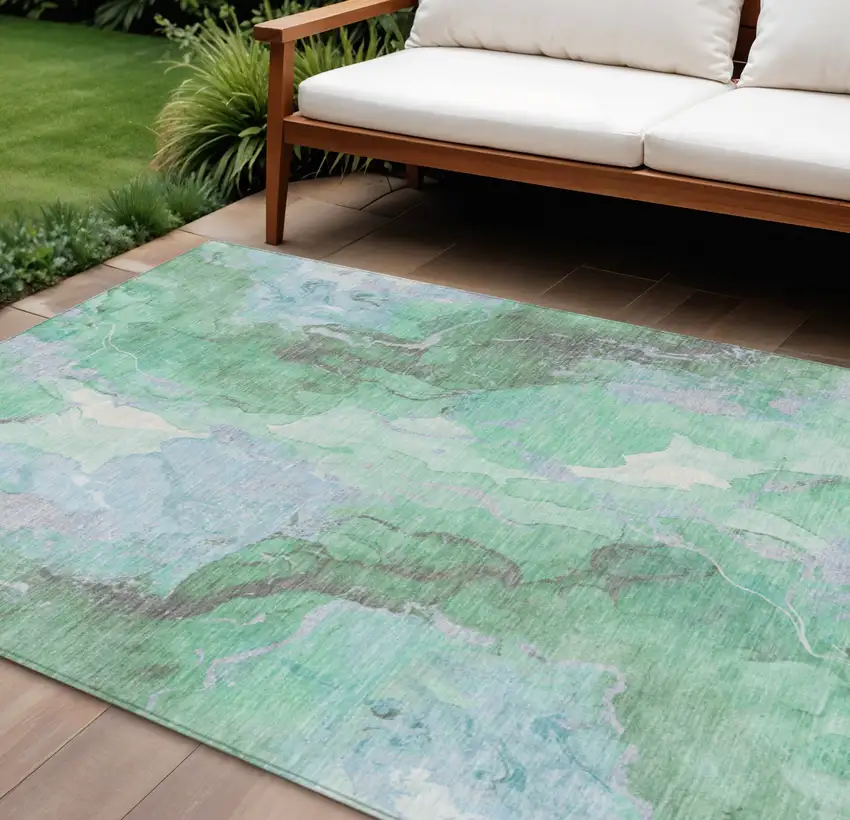 Pale Aqua And Mint Green Abstract Washable Indoor Outdoor Area Rug Photo 2