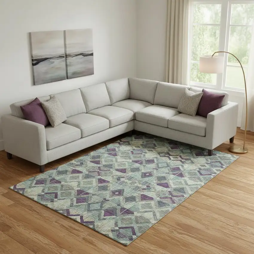 Pale Aqua And Purple Geometric Washable Area Rug With UV Protection Photo 2