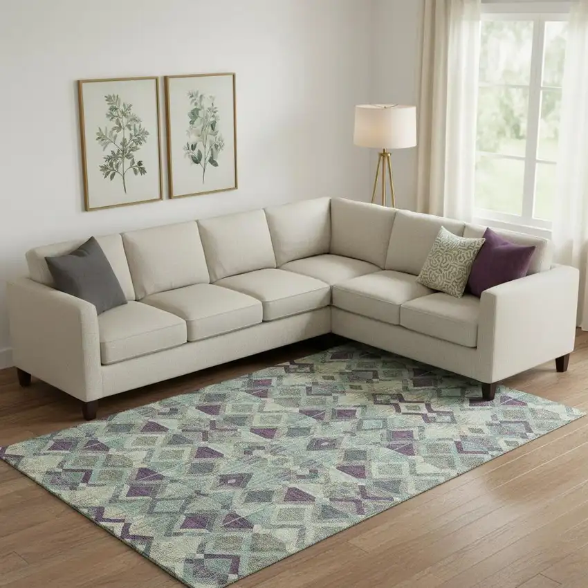 Pale Aqua And Purple Geometric Washable Area Rug With UV Protection Photo 2