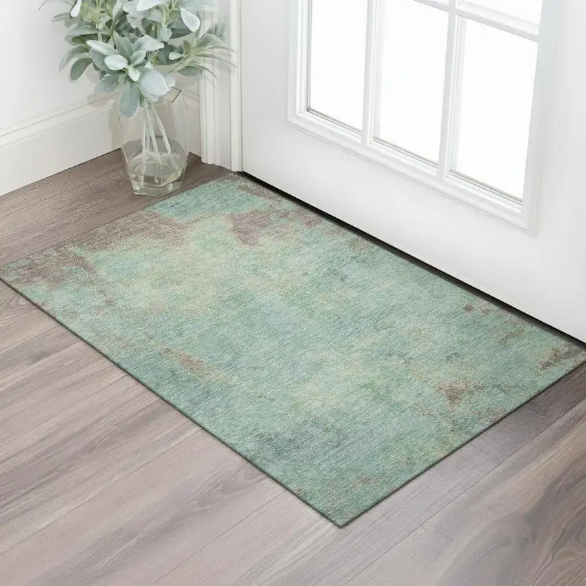 Pale Aqua And Taupe Abstract Washable Area Rug With UV Protection Photo 2