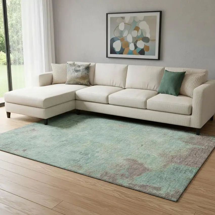 Pale Aqua And Taupe Abstract Washable Area Rug With UV Protection Photo 2