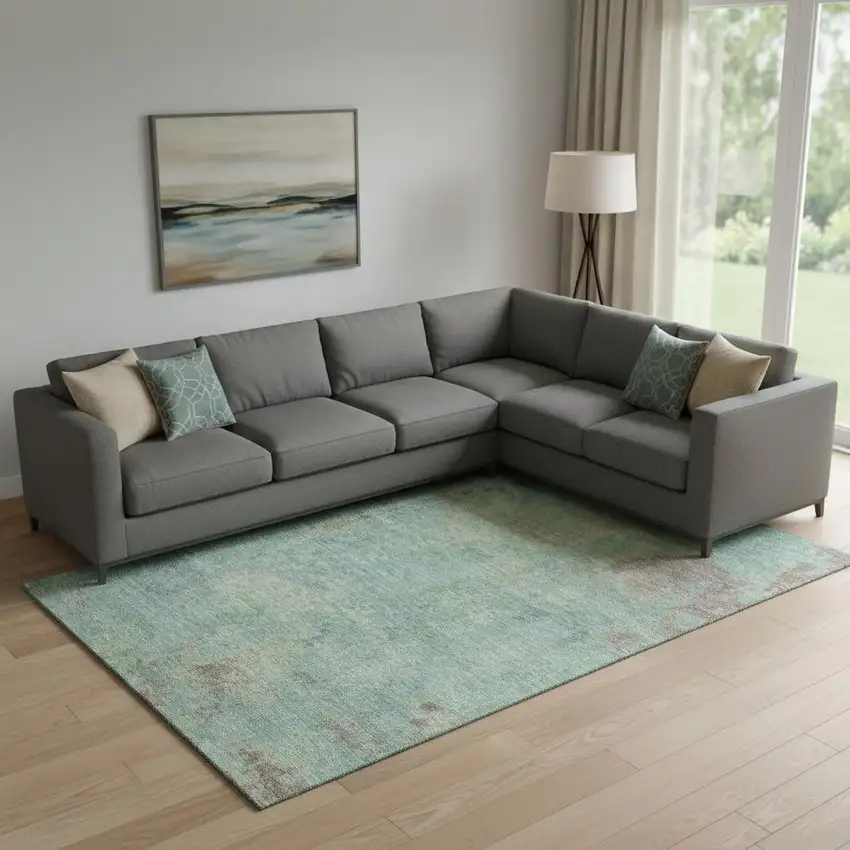 Pale Aqua And Taupe Abstract Washable Area Rug With UV Protection Photo 2