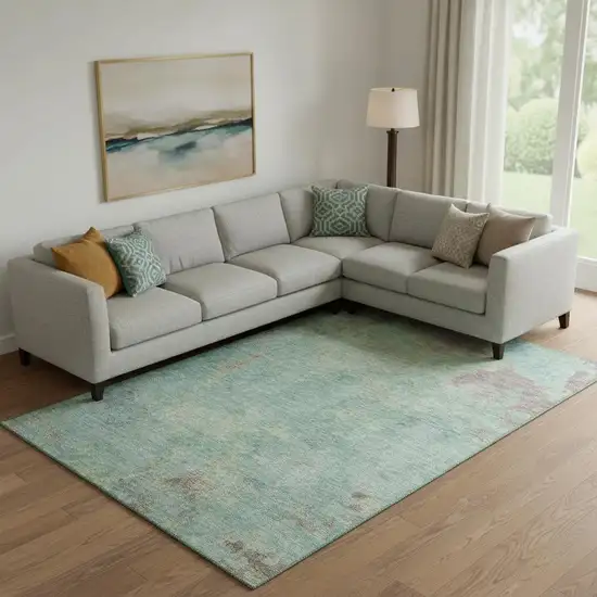 Pale Aqua And Taupe Abstract Washable Area Rug With UV Protection Photo 2