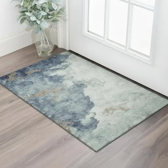 Pale Aqua And Taupe Abstract Washable Area Rug With UV Protection Photo 2