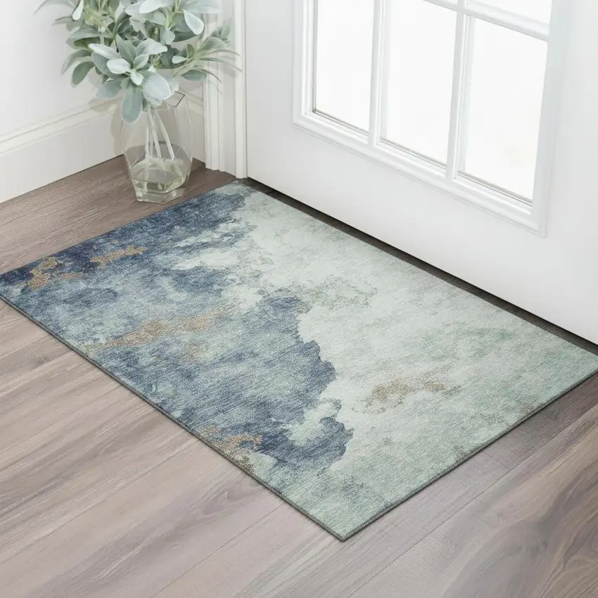 Pale Aqua And Taupe Abstract Washable Area Rug With UV Protection Photo 2
