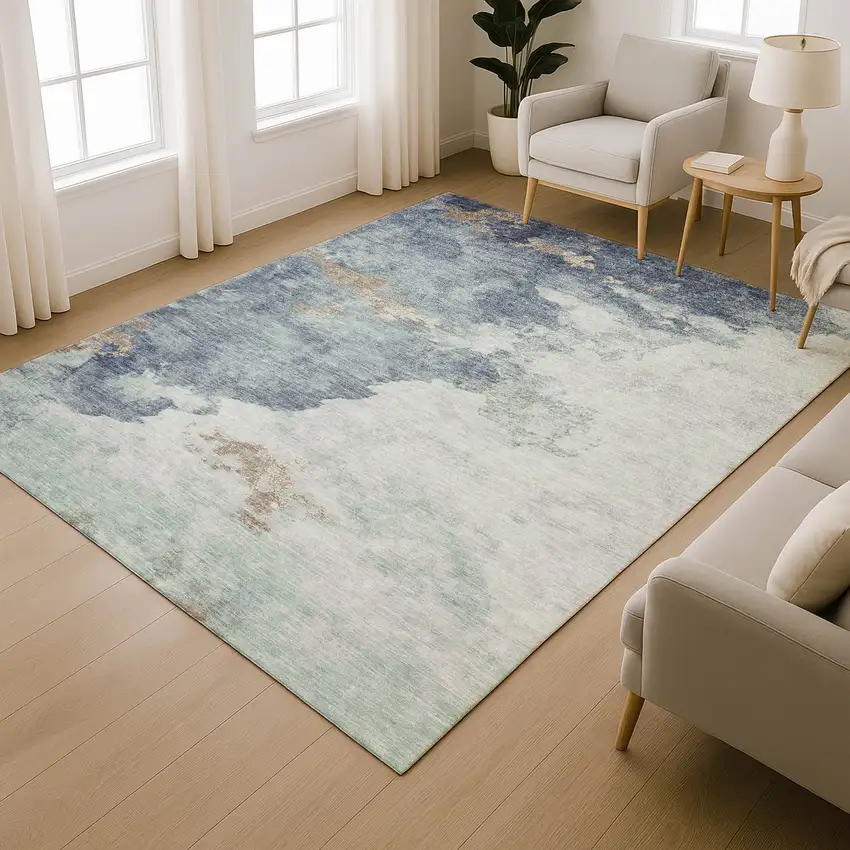 Pale Aqua And Taupe Abstract Washable Area Rug With UV Protection Photo 6