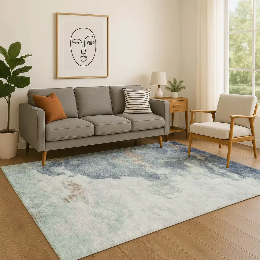 Pale Aqua And Taupe Abstract Washable Area Rug With UV Protection Photo 5