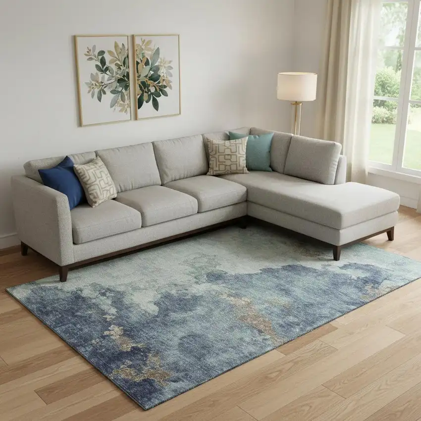 Pale Aqua And Taupe Abstract Washable Area Rug With UV Protection Photo 2
