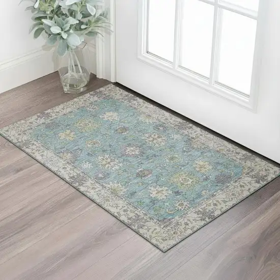 Pale Aqua And Teal Oriental Washable Area Rug With UV Protection Photo 2