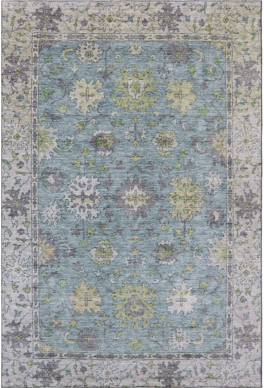 Pale Aqua And Teal Oriental Washable Area Rug With UV Protection Photo 3