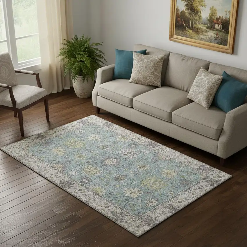 Pale Aqua And Teal Oriental Washable Area Rug With UV Protection Photo 2