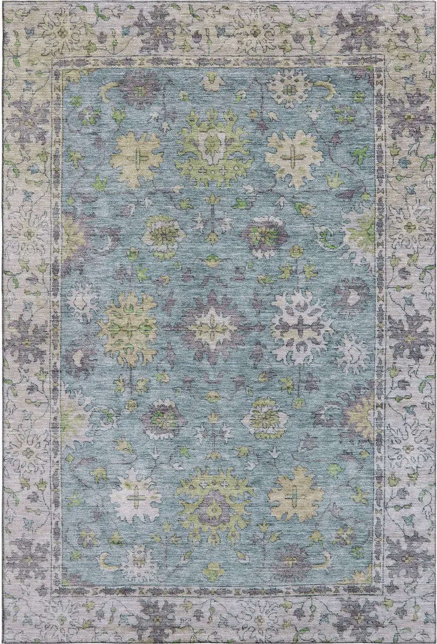 Pale Aqua And Teal Oriental Washable Area Rug With UV Protection Photo 1