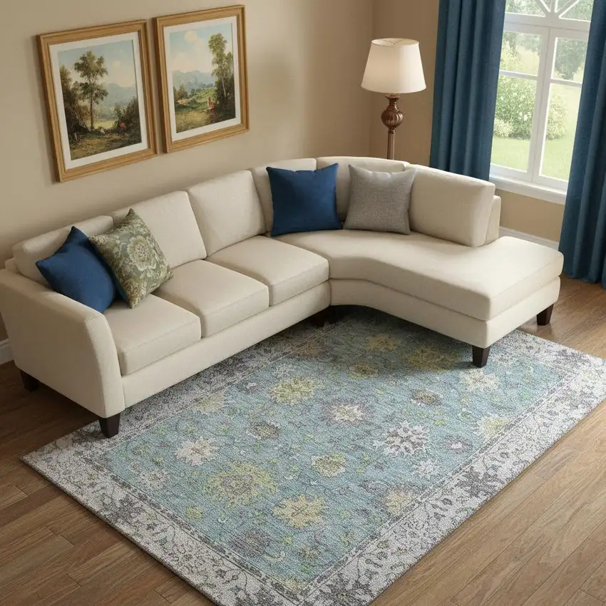Pale Aqua And Teal Oriental Washable Area Rug With UV Protection Photo 2