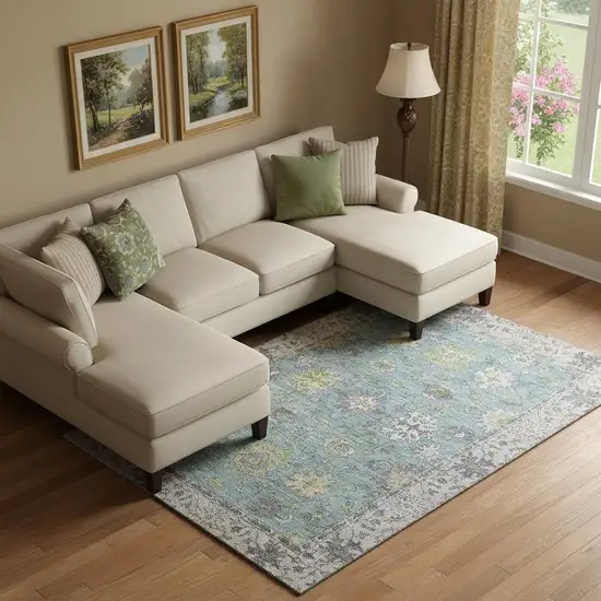 Pale Aqua And Teal Oriental Washable Area Rug With UV Protection Photo 2