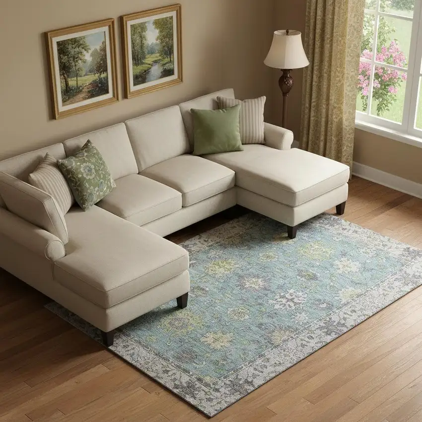 Pale Aqua And Teal Oriental Washable Area Rug With UV Protection Photo 2