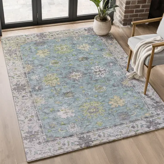 Pale Aqua And Teal Oriental Washable Area Rug With UV Protection Photo 5