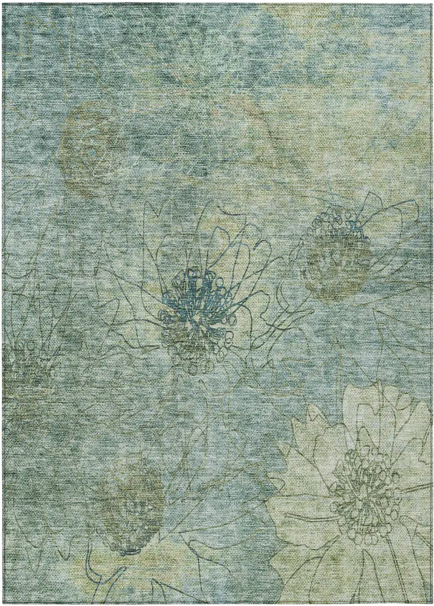 Pale Aqua And Wheat Floral Washable Indoor Outdoor Area Rug Photo 4
